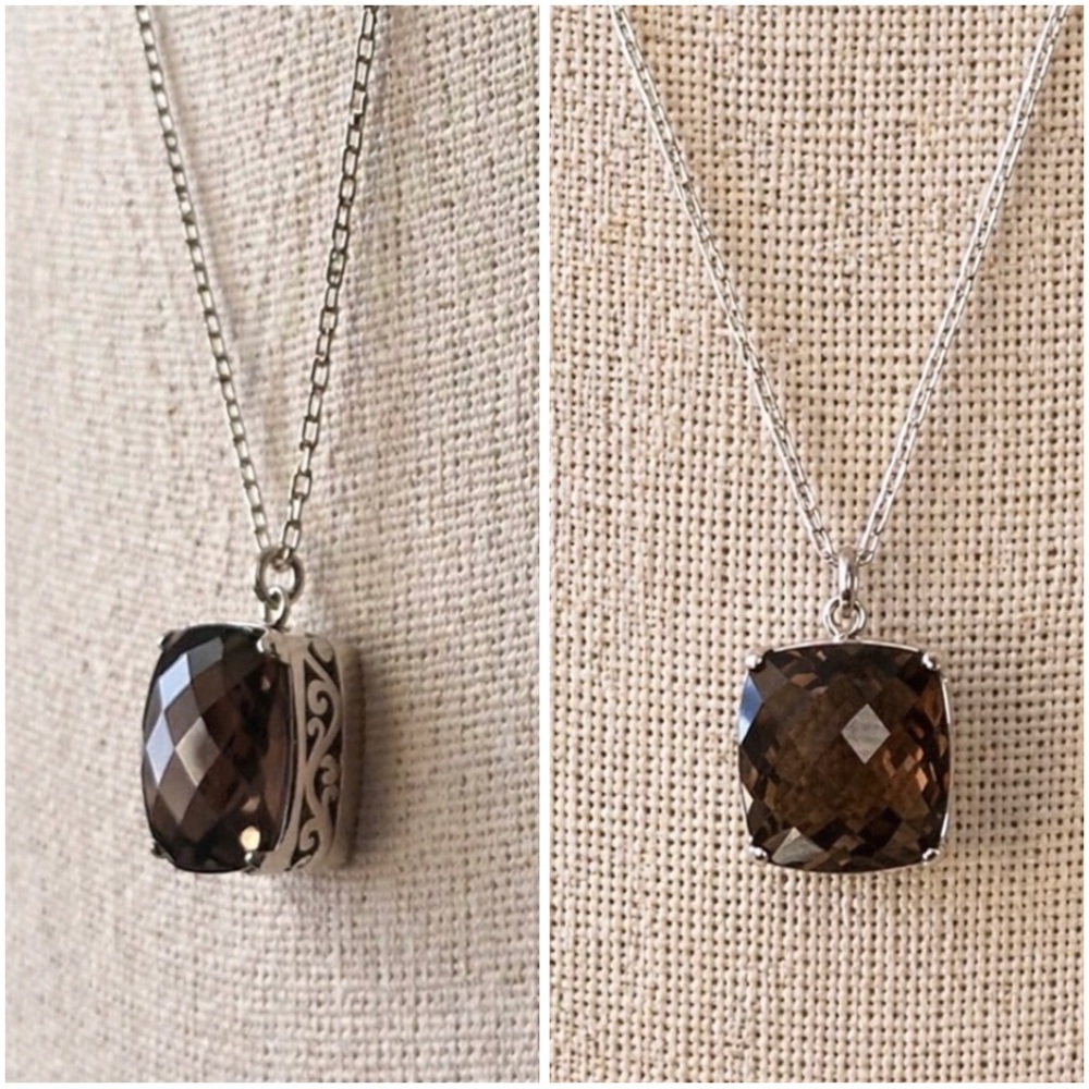 LOIS HILL Smoky Quartz Cushion Cut Pendant on Adjust Sterling Silver Necklace